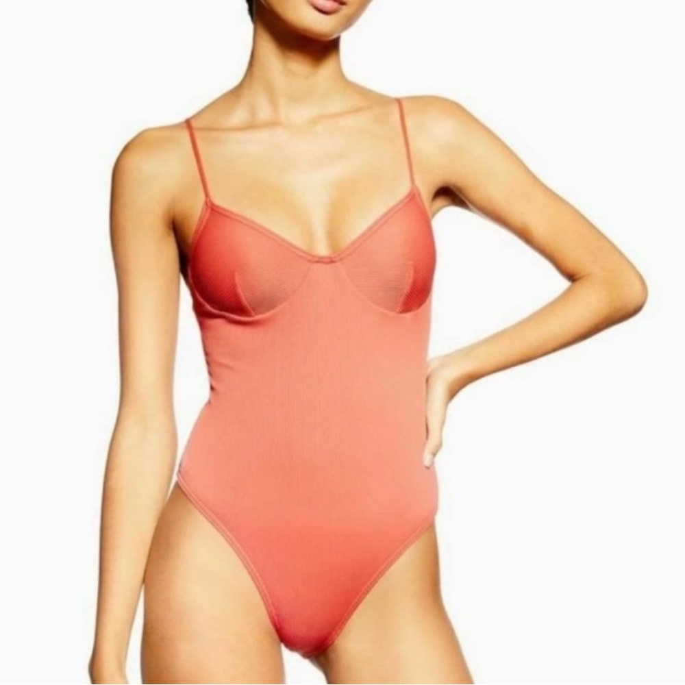 Topshop Rust Ribbed Swimsuit with Spaghetti Straps